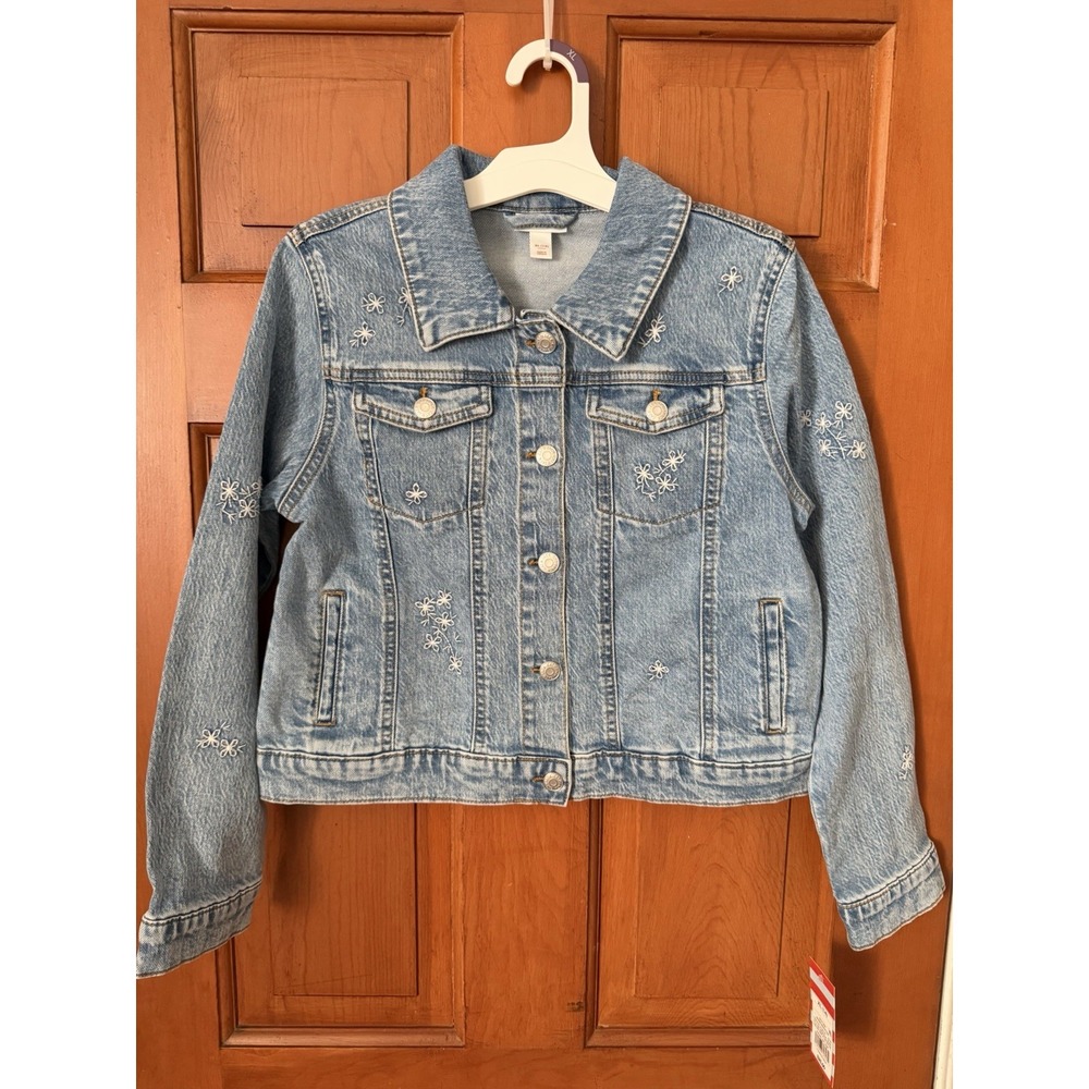 Girls Cat & Jack Floral Embroidered Denim Jacket White Stitched Daisy Size XL